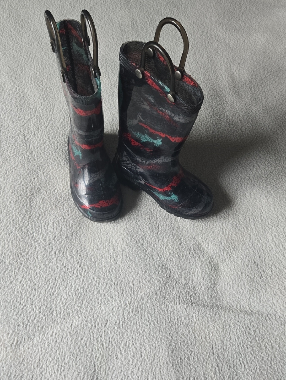 Western Chief Black Rain Boots with Teal and Red Accents